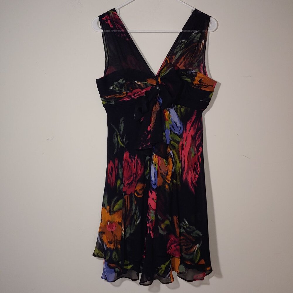 Donna Ricco 100% Silk Sleeveless Floral V-Neck Cocktail Dress Size 8P Black